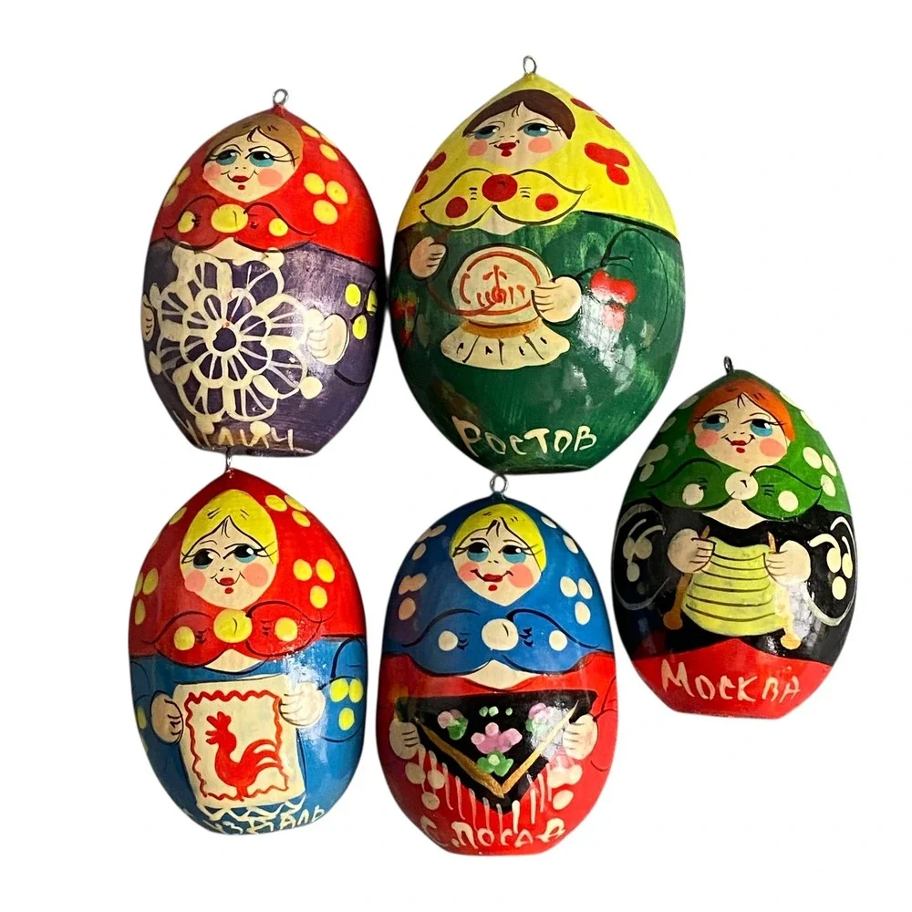 Vintage Russian‎ Matryoshka Hand Painted Wood Egg Ornaments 5 Moscow Rostov